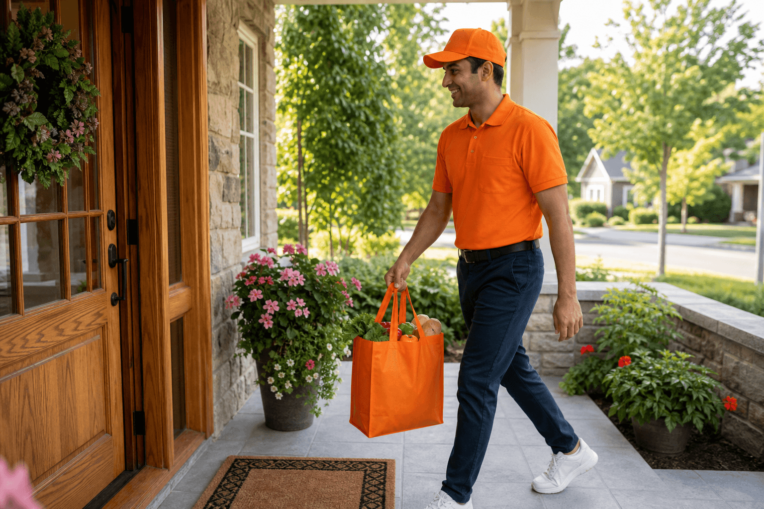 ArmYum driver delivering a grocery bag